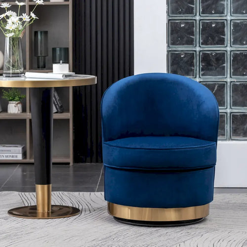 Blue Velvet Barrel Swivel Accent Chair High-Density Foam Seat Polished Gold Round Base