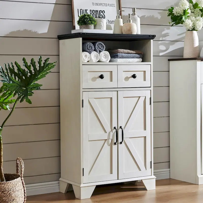 Farmhouse Barn Door Bathroom Floor Cabinet with Drawers and Open Shelf