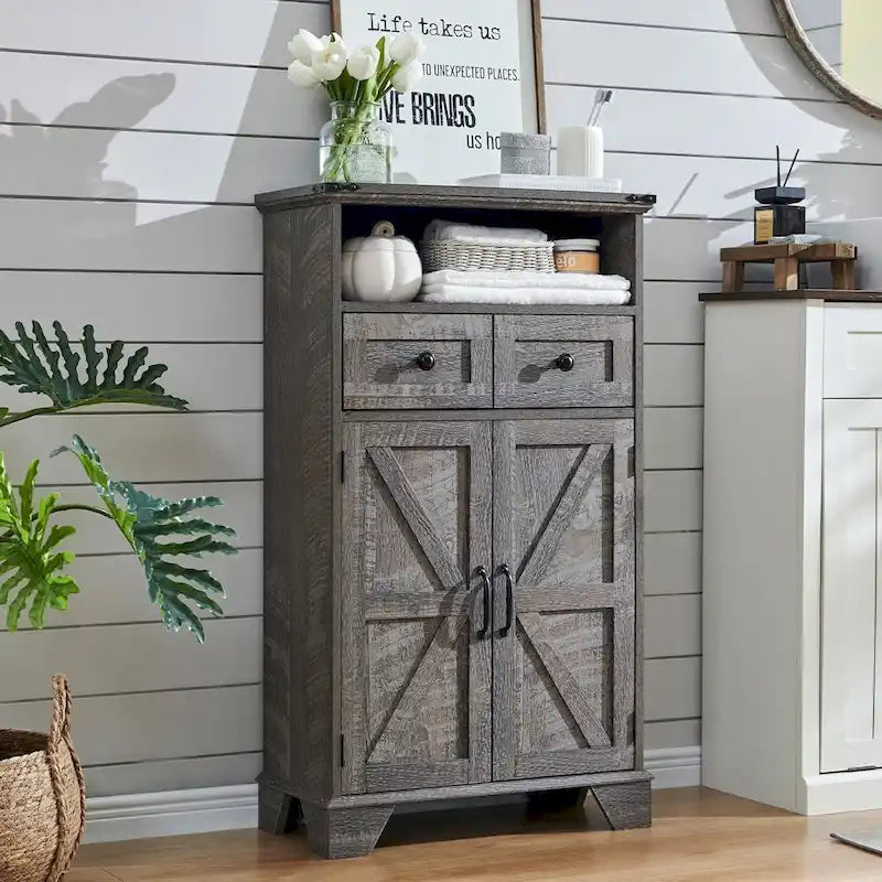 Farmhouse Barn Door Bathroom Floor Cabinet with Drawers and Open Shelf