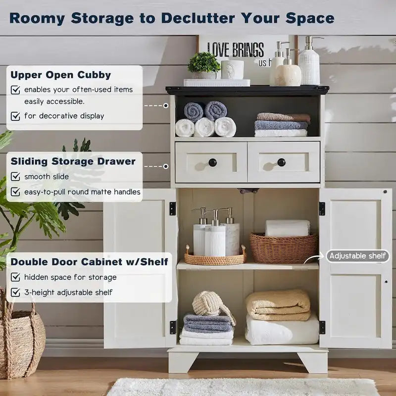 Farmhouse Barn Door Bathroom Floor Cabinet with Drawers and Open Shelf