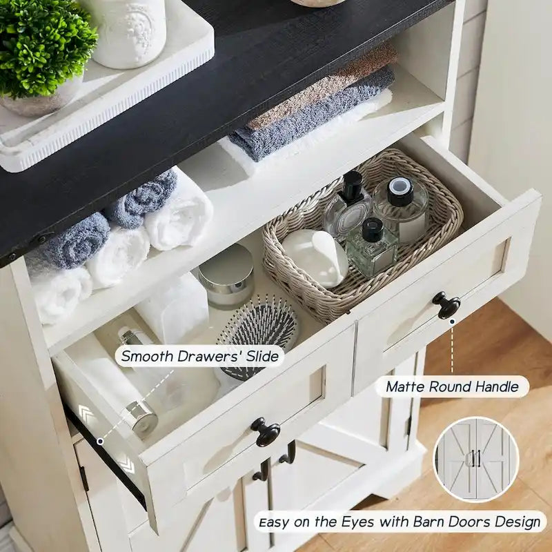 Farmhouse Barn Door Bathroom Floor Cabinet with Drawers and Open Shelf