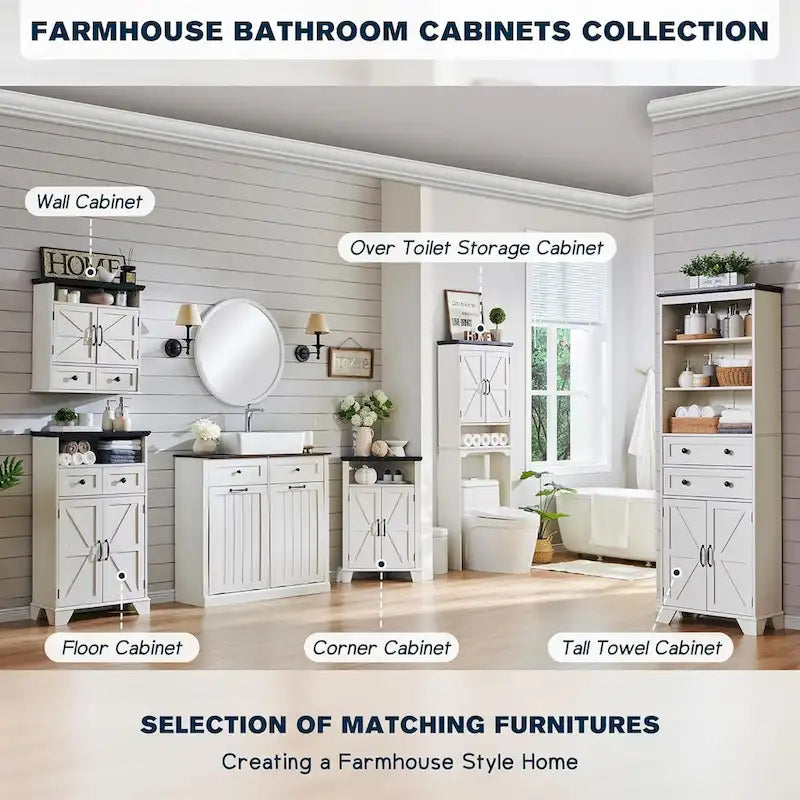 Farmhouse Barn Door Bathroom Floor Cabinet with Drawers and Open Shelf