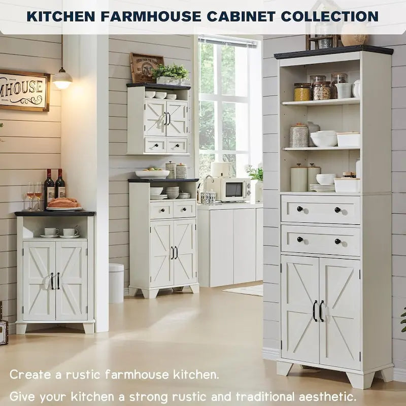 Farmhouse Barn Door Bathroom Floor Cabinet with Drawers and Open Shelf