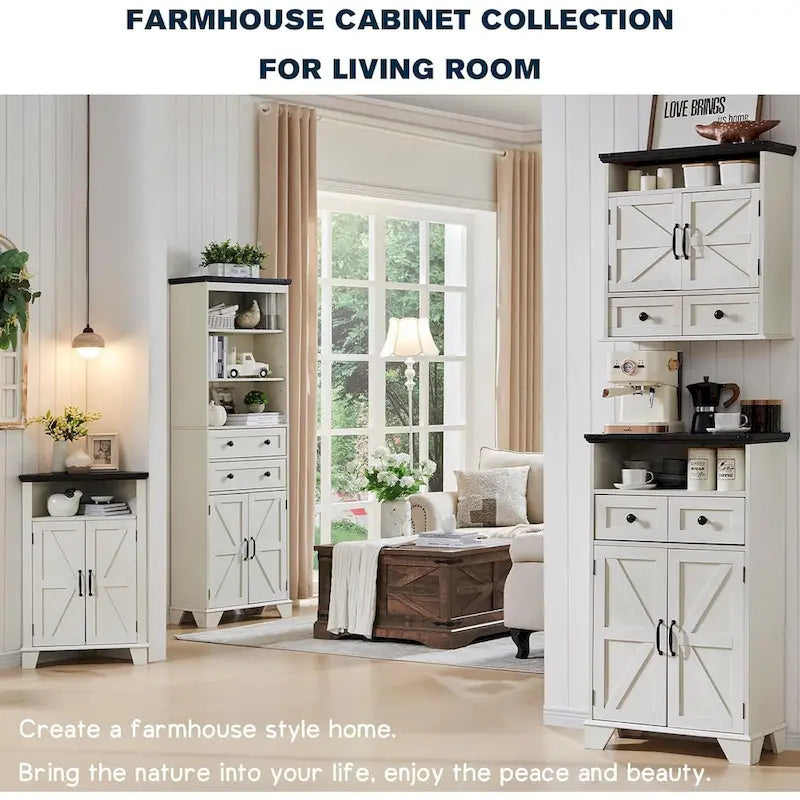 Farmhouse Barn Door Bathroom Floor Cabinet with Drawers and Open Shelf