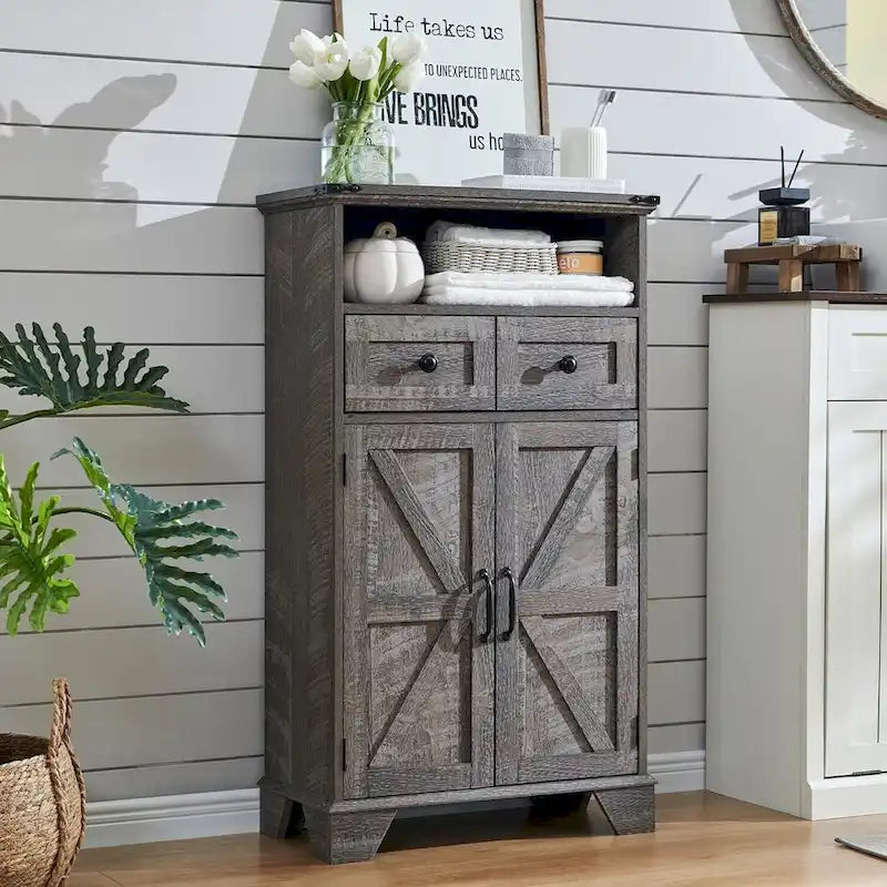 Farmhouse Barn Door Bathroom Floor Cabinet with Drawers and Open Shelf