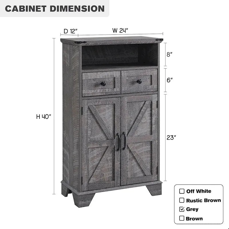 Farmhouse Barn Door Bathroom Floor Cabinet with Drawers and Open Shelf