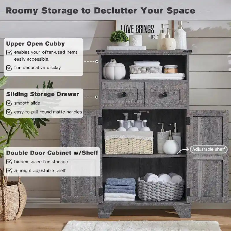 Farmhouse Barn Door Bathroom Floor Cabinet with Drawers and Open Shelf