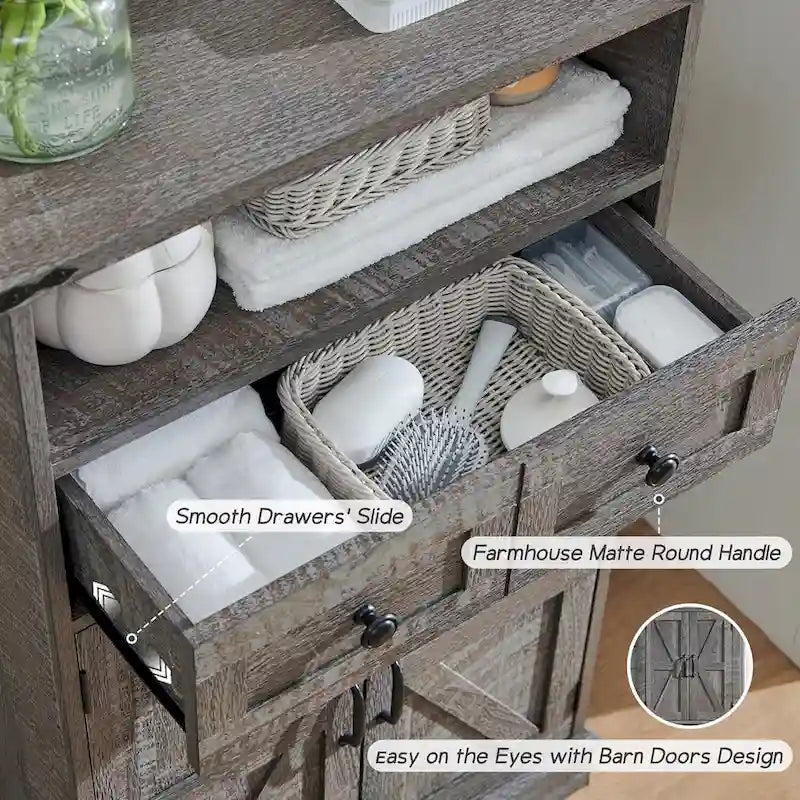 Farmhouse Barn Door Bathroom Floor Cabinet with Drawers and Open Shelf