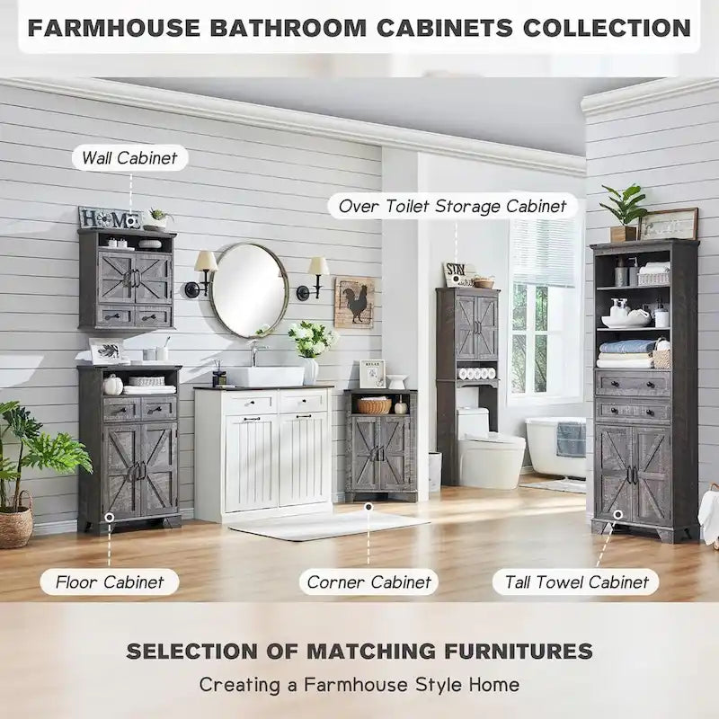 Farmhouse Barn Door Bathroom Floor Cabinet with Drawers and Open Shelf