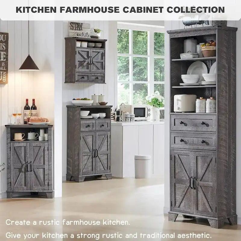 Farmhouse Barn Door Bathroom Floor Cabinet with Drawers and Open Shelf