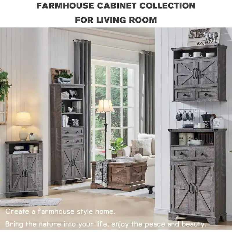 Farmhouse Barn Door Bathroom Floor Cabinet with Drawers and Open Shelf