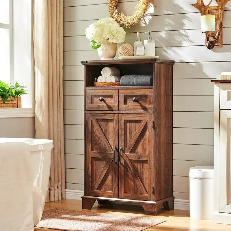 Farmhouse Barn Door Bathroom Floor Cabinet with Drawers and Open Shelf