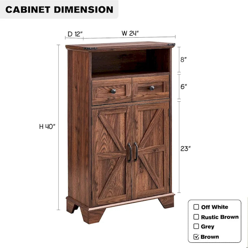 Farmhouse Barn Door Bathroom Floor Cabinet with Drawers and Open Shelf