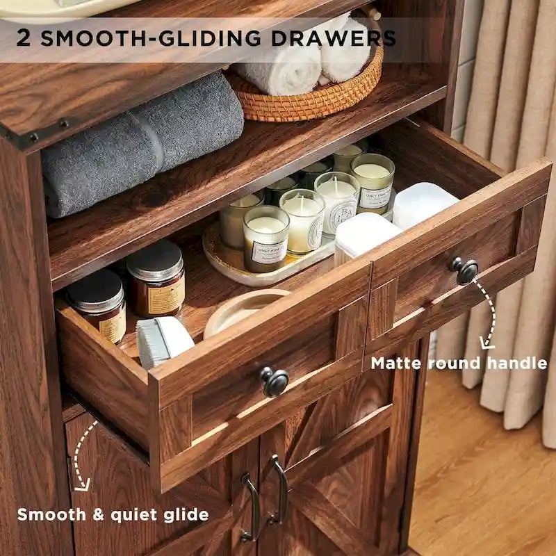 Farmhouse Barn Door Bathroom Floor Cabinet with Drawers and Open Shelf