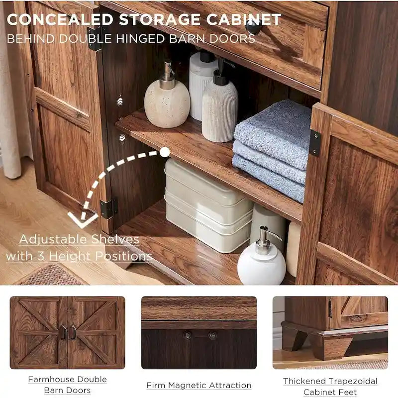 Farmhouse Barn Door Bathroom Floor Cabinet with Drawers and Open Shelf