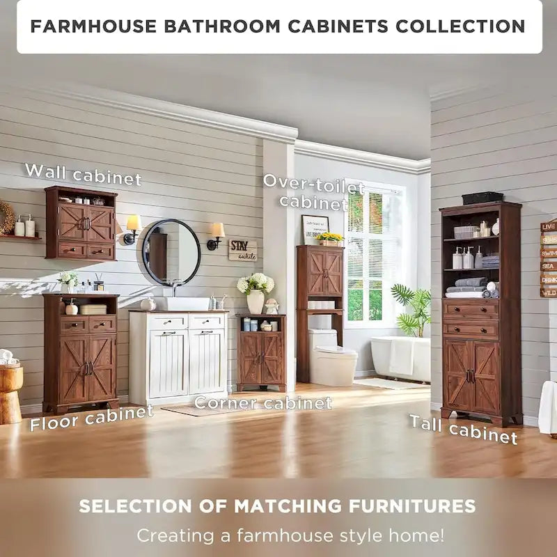 Farmhouse Barn Door Bathroom Floor Cabinet with Drawers and Open Shelf