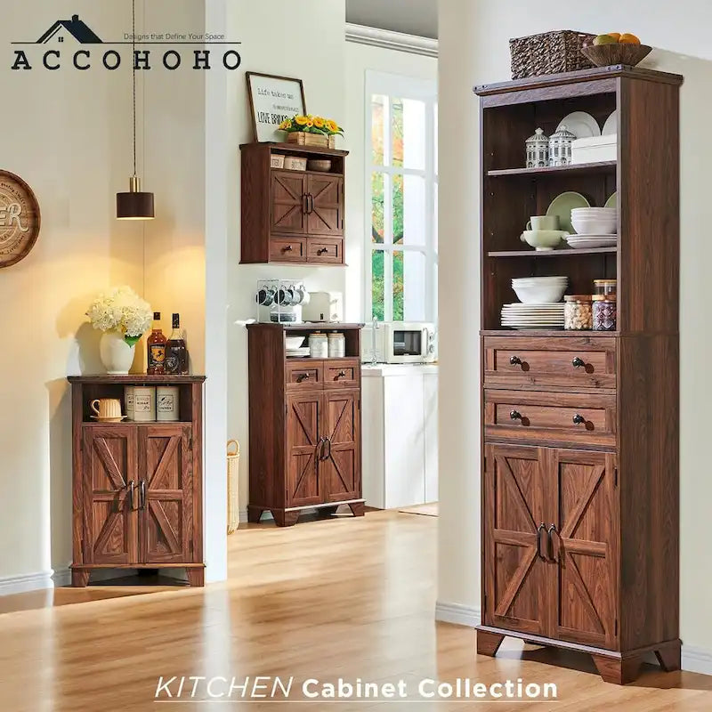 Farmhouse Barn Door Bathroom Floor Cabinet with Drawers and Open Shelf