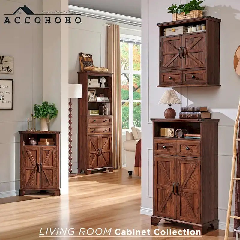 Farmhouse Barn Door Bathroom Floor Cabinet with Drawers and Open Shelf