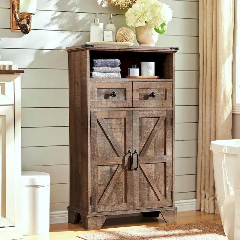 Farmhouse Barn Door Bathroom Floor Cabinet with Drawers and Open Shelf