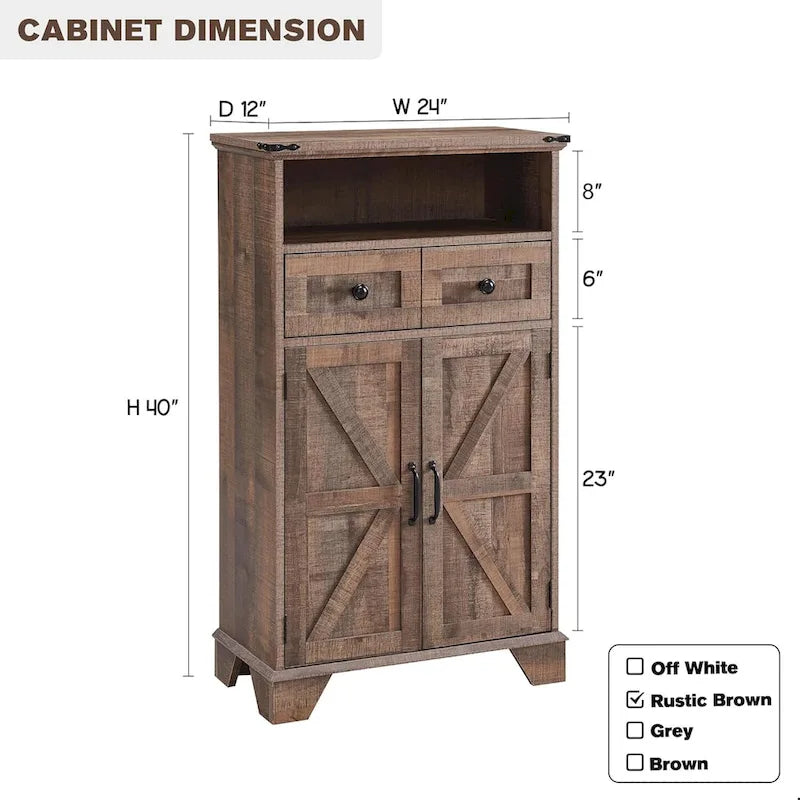 Farmhouse Barn Door Bathroom Floor Cabinet with Drawers and Open Shelf