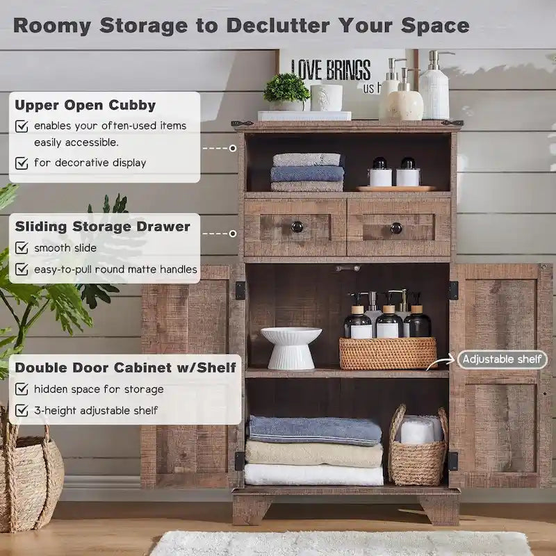 Farmhouse Barn Door Bathroom Floor Cabinet with Drawers and Open Shelf