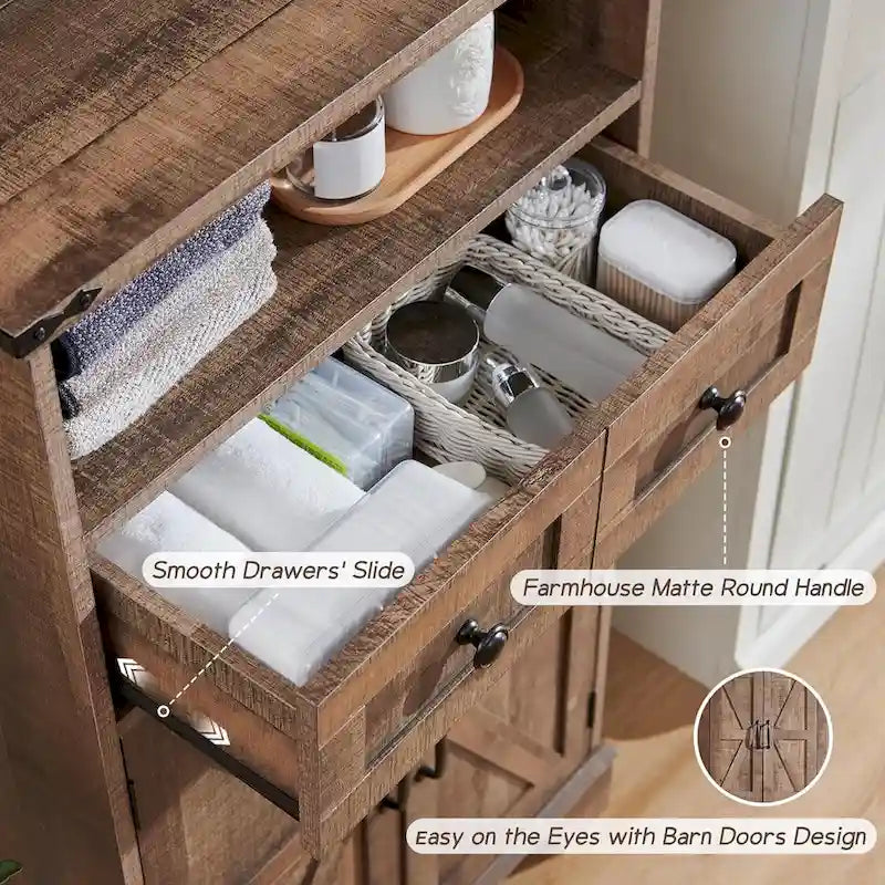 Farmhouse Barn Door Bathroom Floor Cabinet with Drawers and Open Shelf
