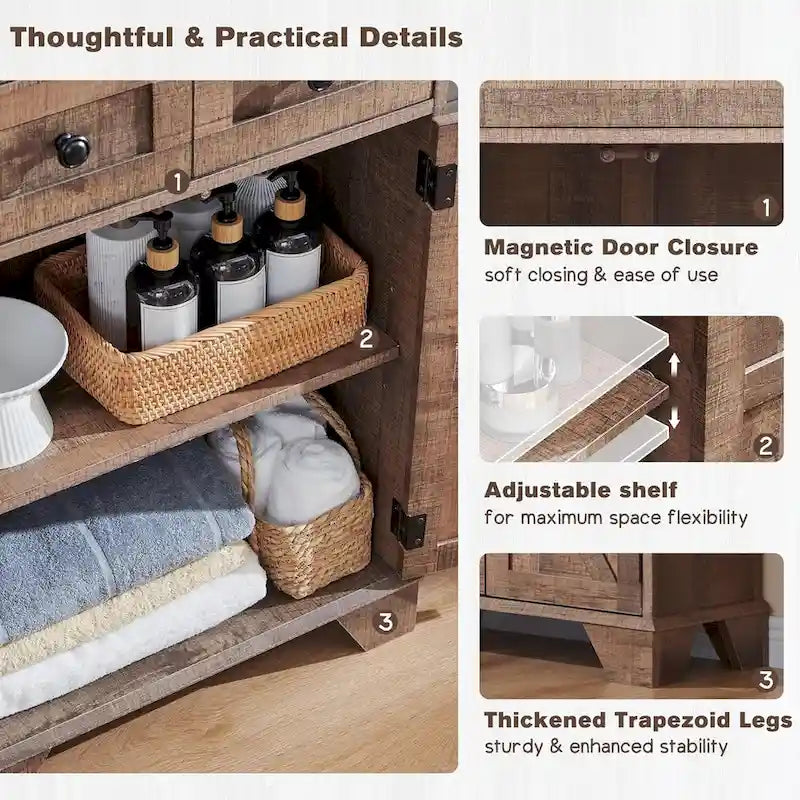 Farmhouse Barn Door Bathroom Floor Cabinet with Drawers and Open Shelf