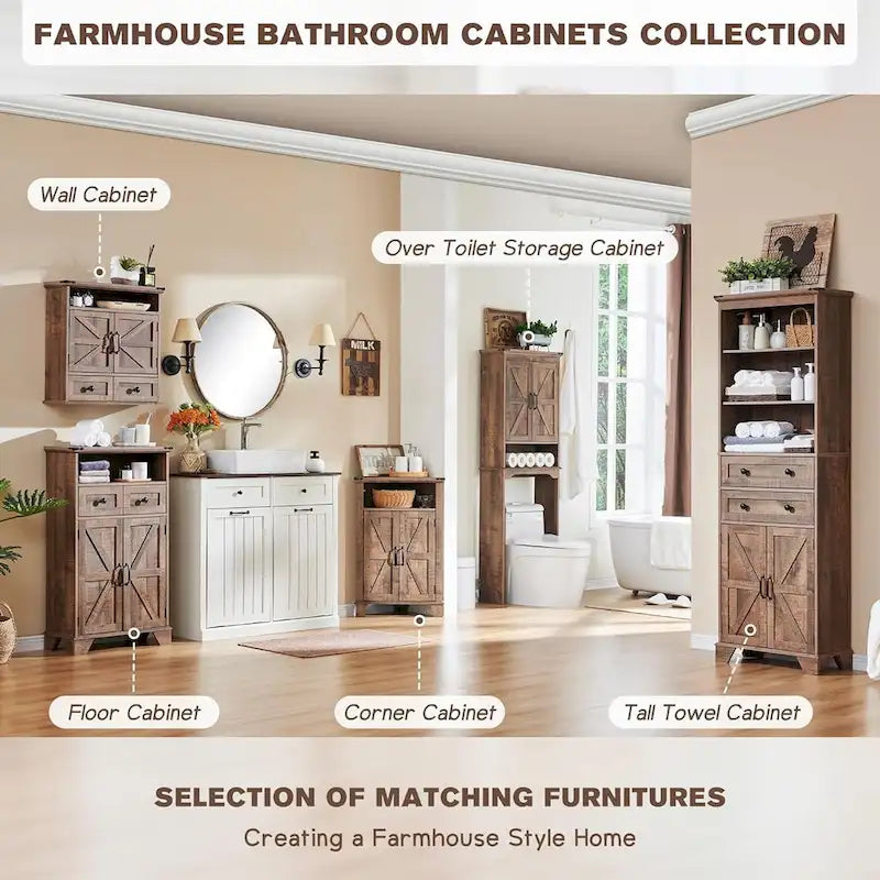 Farmhouse Barn Door Bathroom Floor Cabinet with Drawers and Open Shelf