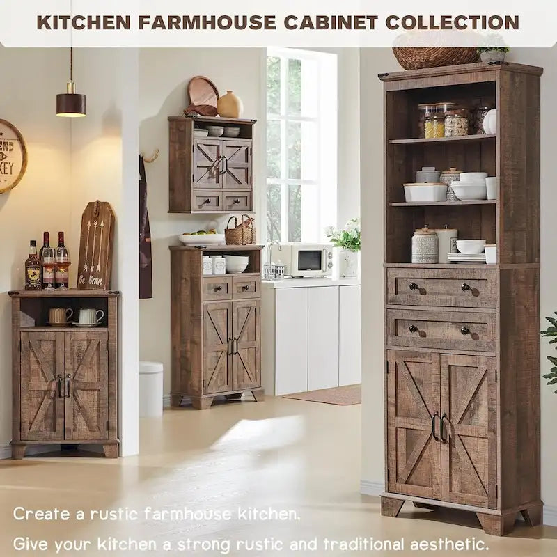 Farmhouse Barn Door Bathroom Floor Cabinet with Drawers and Open Shelf