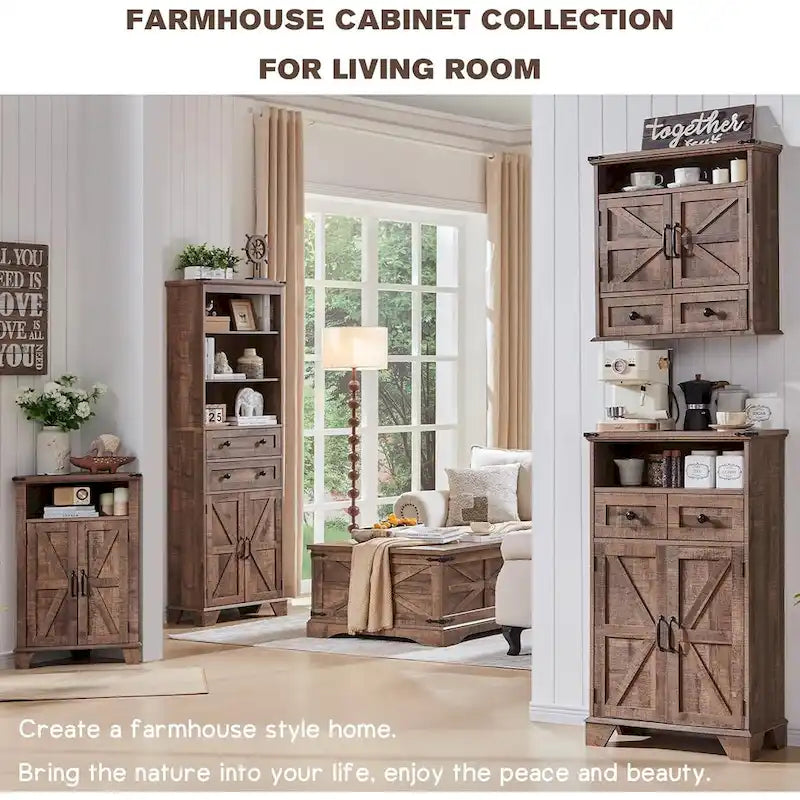 Farmhouse Barn Door Bathroom Floor Cabinet with Drawers and Open Shelf