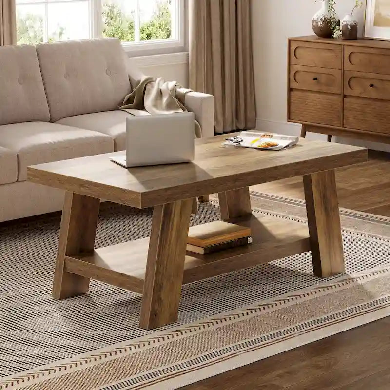 Rustic Wood Farmhouse Coffee Table Two-Tier Open Shelf A-Frame Legs