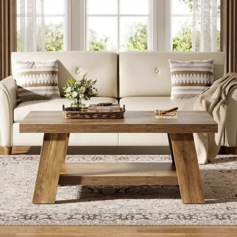 Rustic Wood Farmhouse Coffee Table Two-Tier Open Shelf A-Frame Legs