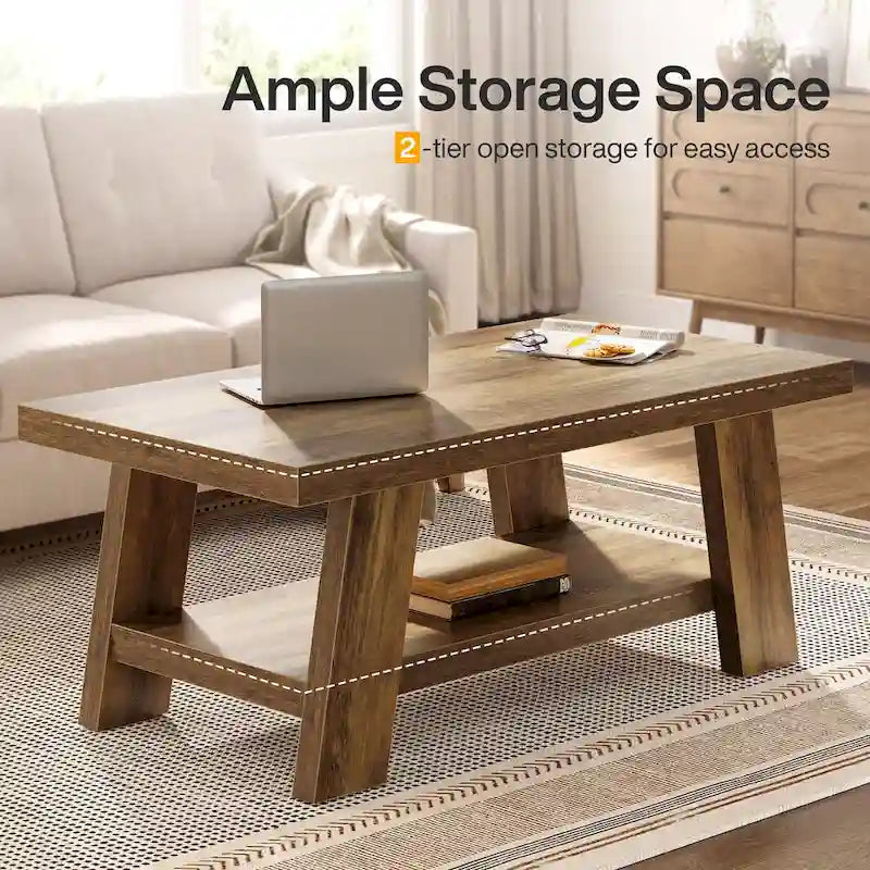 Rustic Wood Farmhouse Coffee Table Two-Tier Open Shelf A-Frame Legs