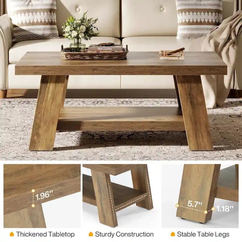 Rustic Wood Farmhouse Coffee Table Two-Tier Open Shelf A-Frame Legs