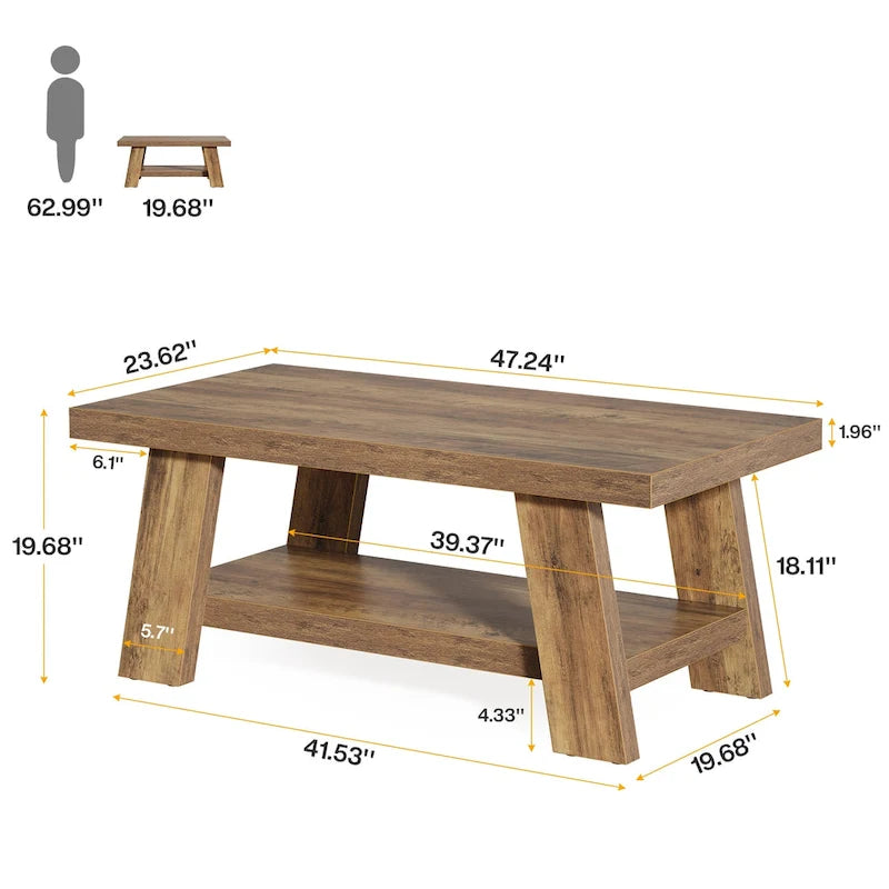 Rustic Wood Farmhouse Coffee Table Two-Tier Open Shelf A-Frame Legs