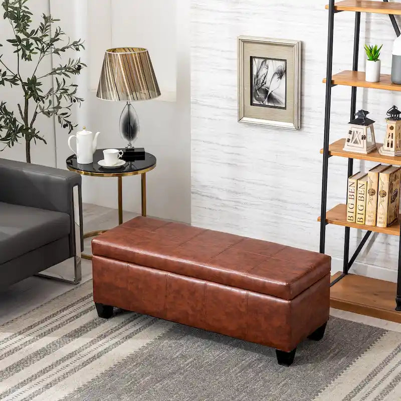 Faux Leather Flip-Top Storage Ottoman Bench Biscuit-Tufted with Wood Legs