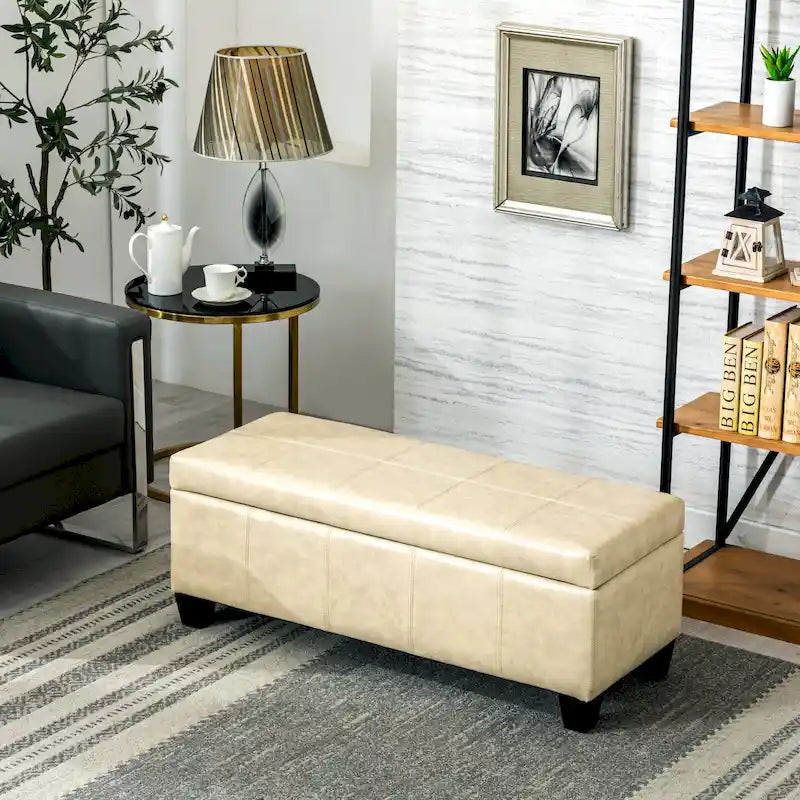 Faux Leather Flip-Top Storage Ottoman Bench Biscuit-Tufted with Wood Legs