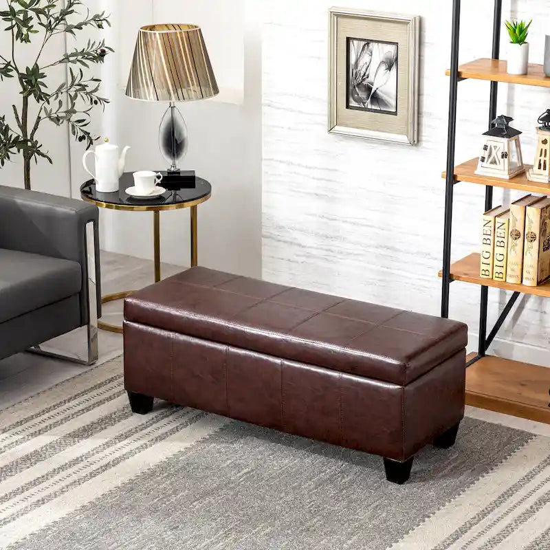 Faux Leather Flip-Top Storage Ottoman Bench Biscuit-Tufted with Wood Legs