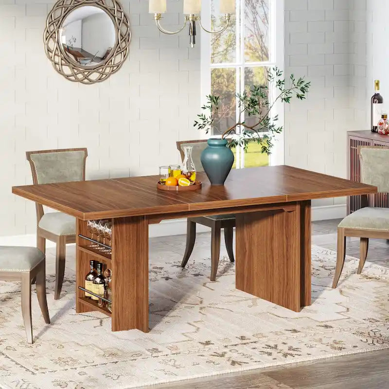 Brown Rectangular Dining Table with Dual Storage Shelves and Vintage Wood Finish