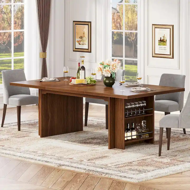 Brown Rectangular Dining Table with Dual Storage Shelves and Vintage Wood Finish