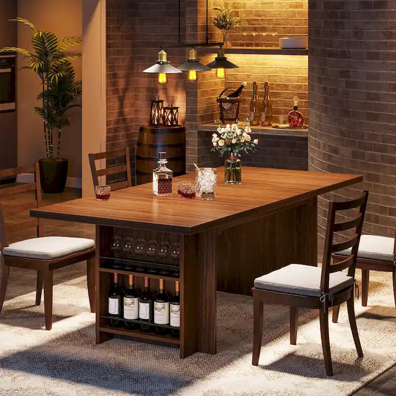 Brown Rectangular Dining Table with Dual Storage Shelves and Vintage Wood Finish