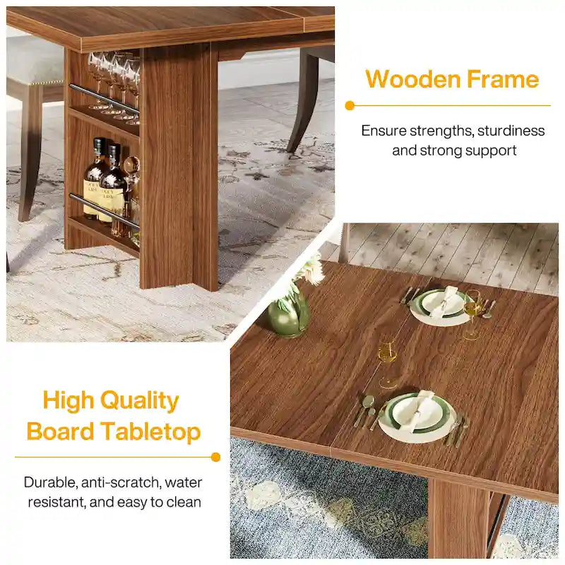 Brown Rectangular Dining Table with Dual Storage Shelves and Vintage Wood Finish