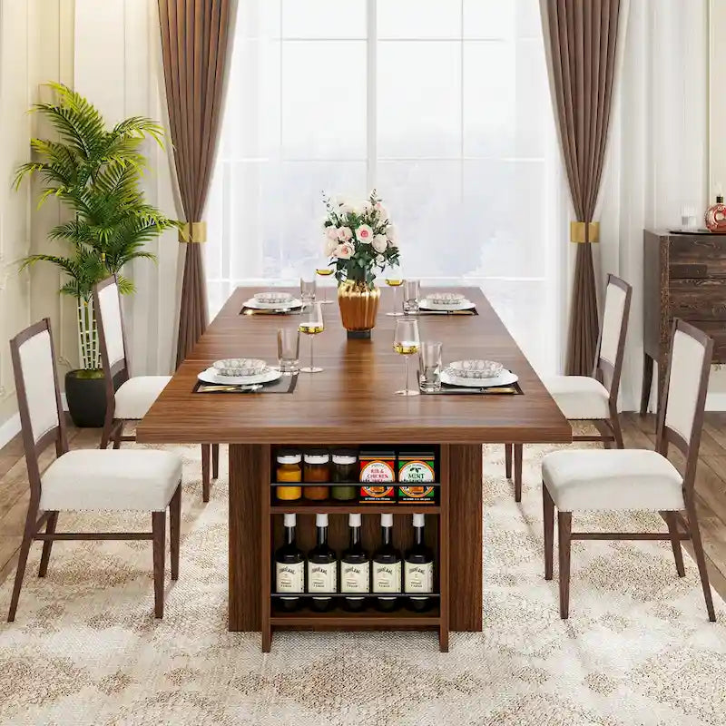 Brown Rectangular Dining Table with Dual Storage Shelves and Vintage Wood Finish