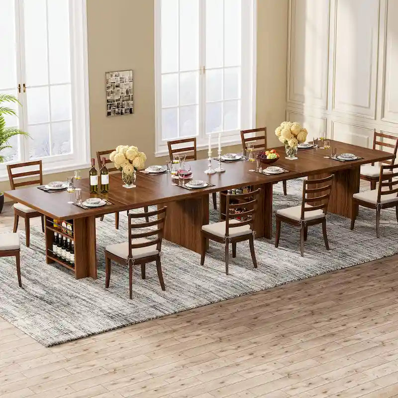 Brown Rectangular Dining Table with Dual Storage Shelves and Vintage Wood Finish