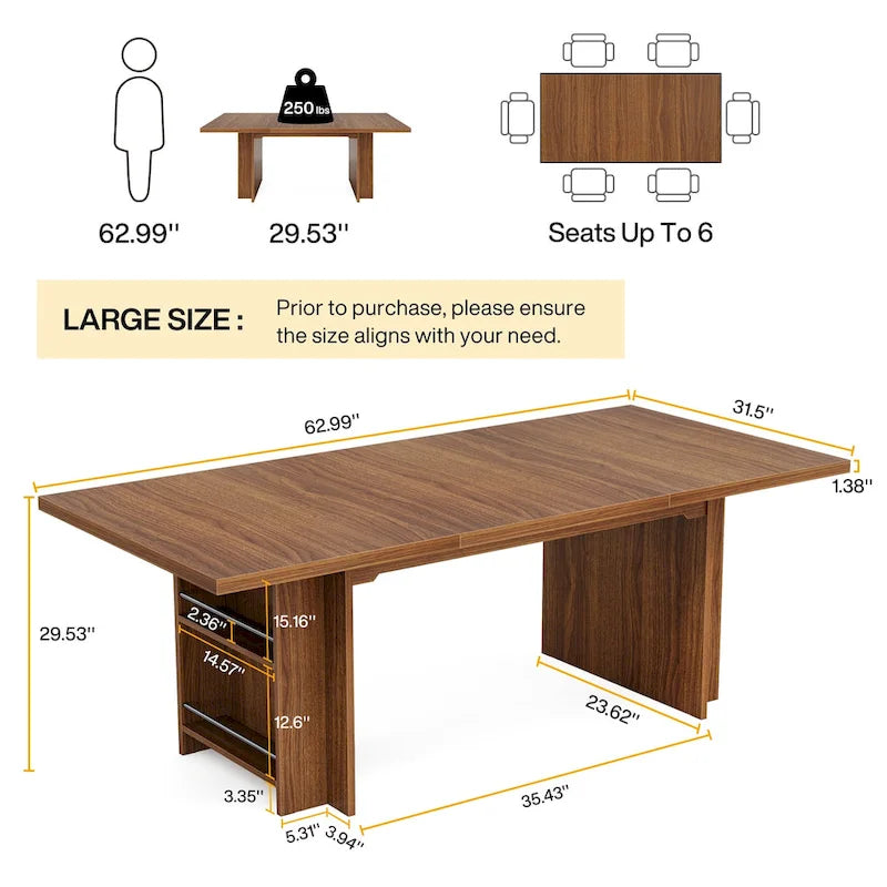 Brown Rectangular Dining Table with Dual Storage Shelves and Vintage Wood Finish