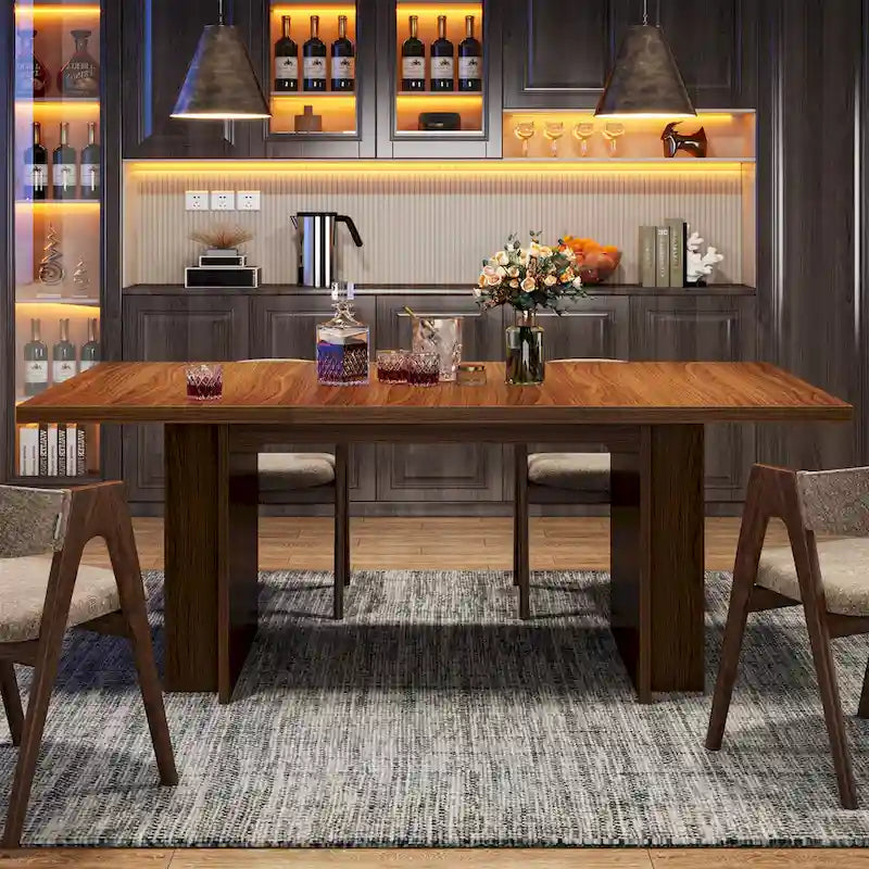 Brown Rectangular Dining Table with Dual Storage Shelves and Vintage Wood Finish