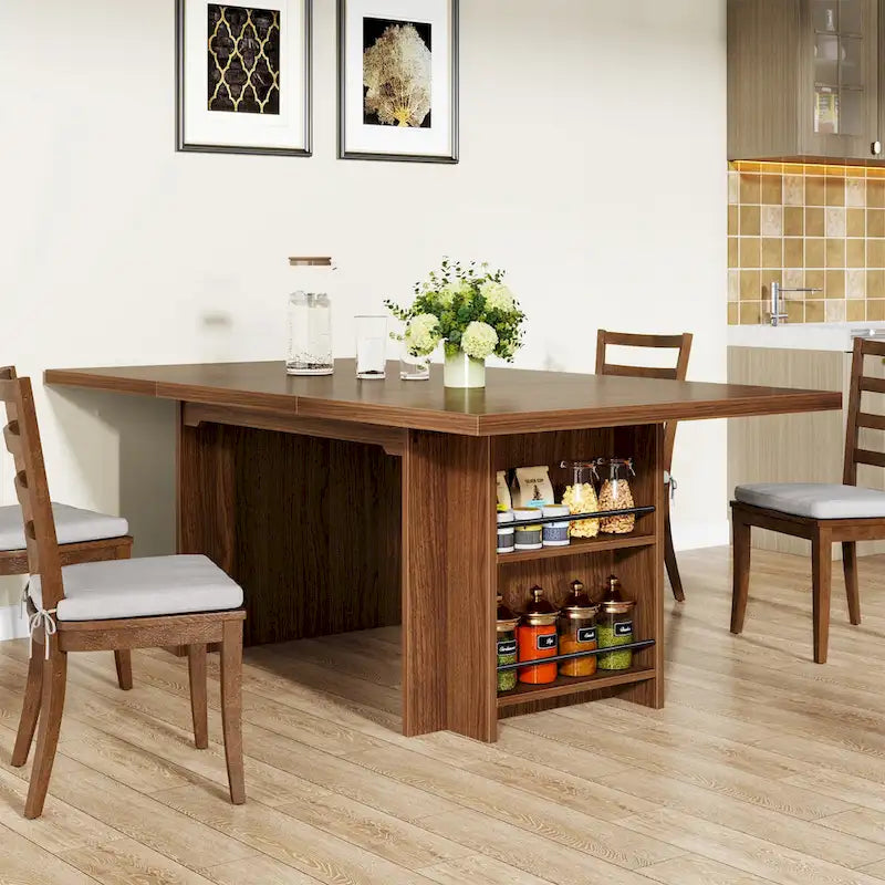 Brown Rectangular Dining Table with Dual Storage Shelves and Vintage Wood Finish