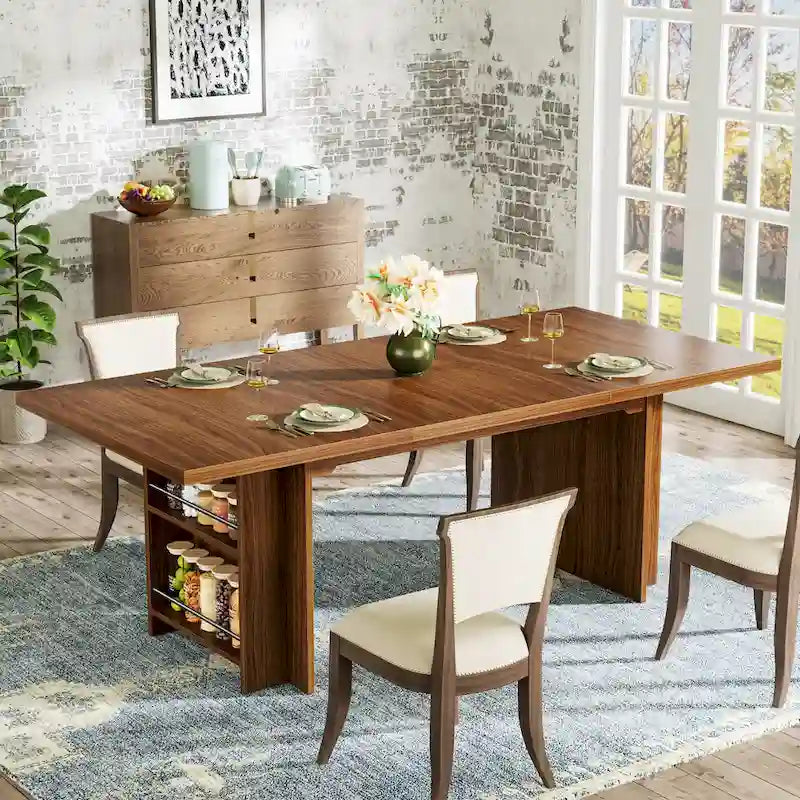 Brown Rectangular Dining Table with Dual Storage Shelves and Vintage Wood Finish