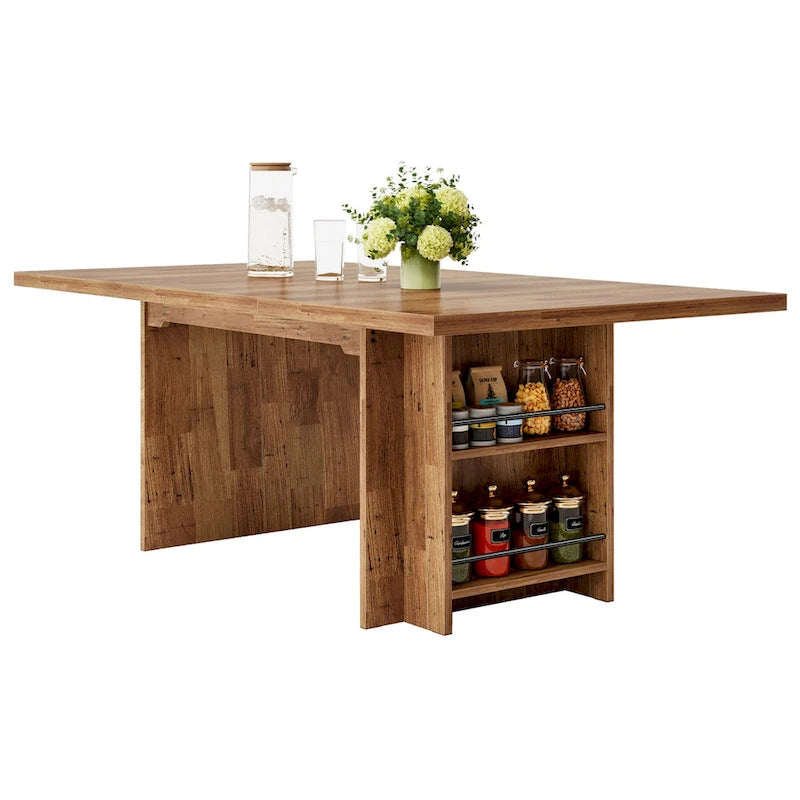 Brown Rectangular Dining Table with Dual Storage Shelves and Vintage Wood Finish