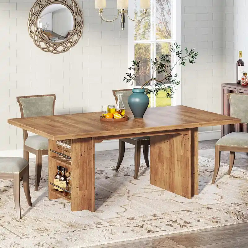 Brown Rectangular Dining Table with Dual Storage Shelves and Vintage Wood Finish